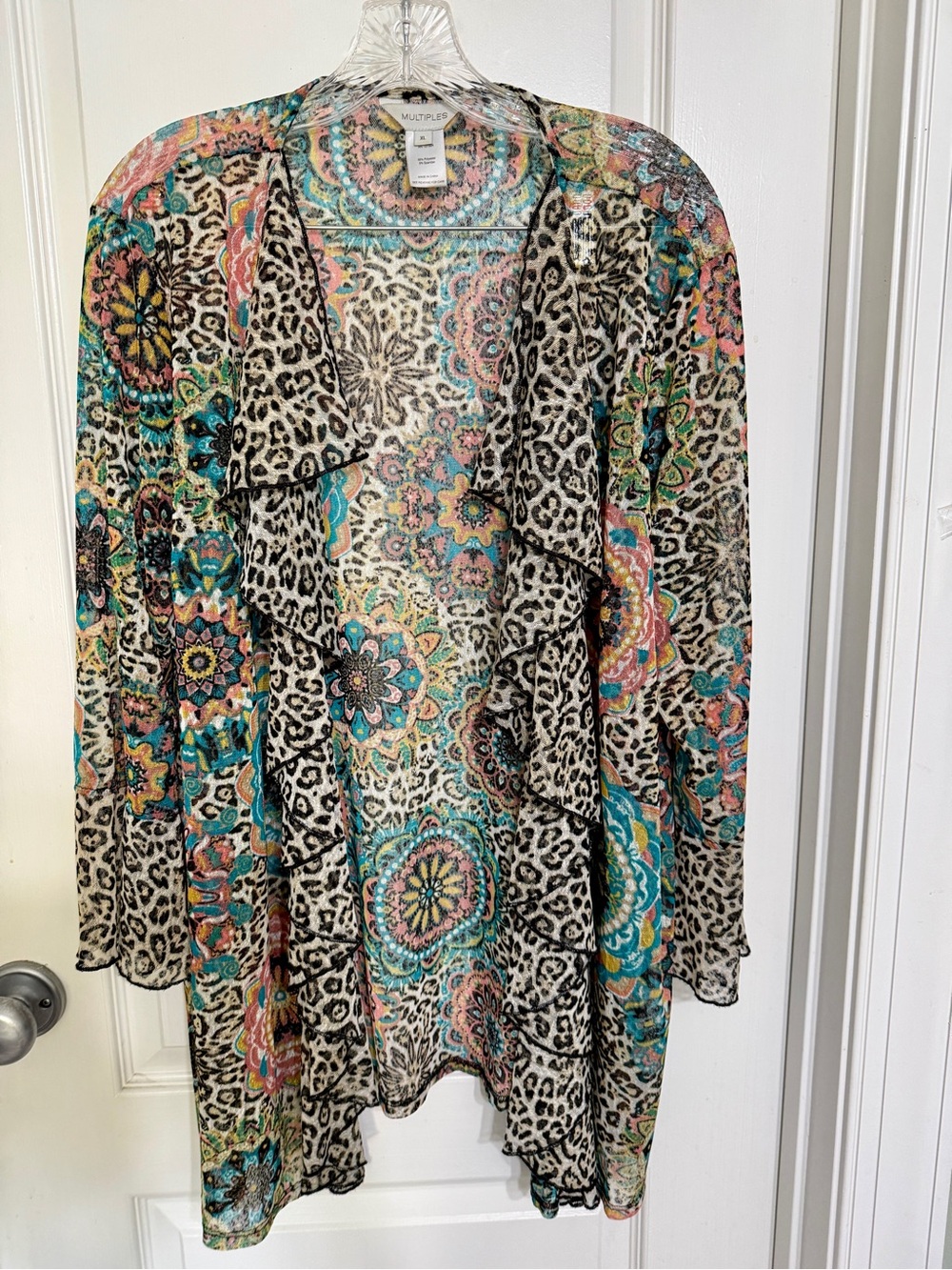 Multiples Sheer Ruffle Cardigan in Teal, Pink & Black Floral-Leopard